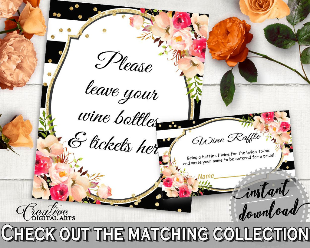 Wine Raffle in Flower Bouquet Black Stripes Bridal Shower Black And Gold Theme, wine card, classy bride, party décor, party ideas - QMK20 - Digital Product