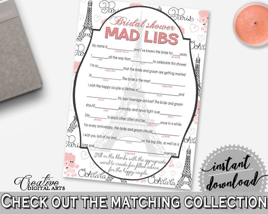 Paris Bridal Shower Mad Libs Game in Pink And Gray, message to couples, ooh la la shower, prints, digital print, party supplies - NJAL9 - Digital Product