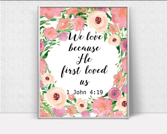 Wall Art Script Digital Print John Poster Art Script Wall Art Print John  Wall Decor Script watercolor wreath christian decor 1 john 4 19 - Digital Download