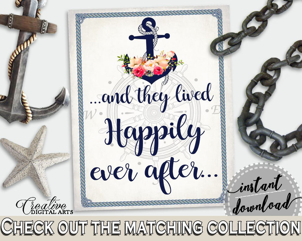 Nautical Anchor Flowers Bridal Shower Happily Ever After Sign in Navy Blue, gift for bride, antique bridal theme, party planning - 87BSZ - Digital Product