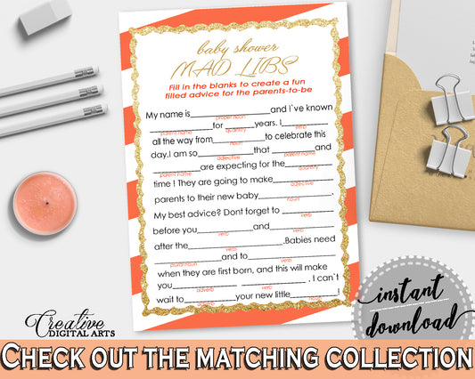 MAD LIBS baby shower game with glitter gold and orange stripes theme printable, gender neutral, digital Jpg Pdf, instant download - bs003