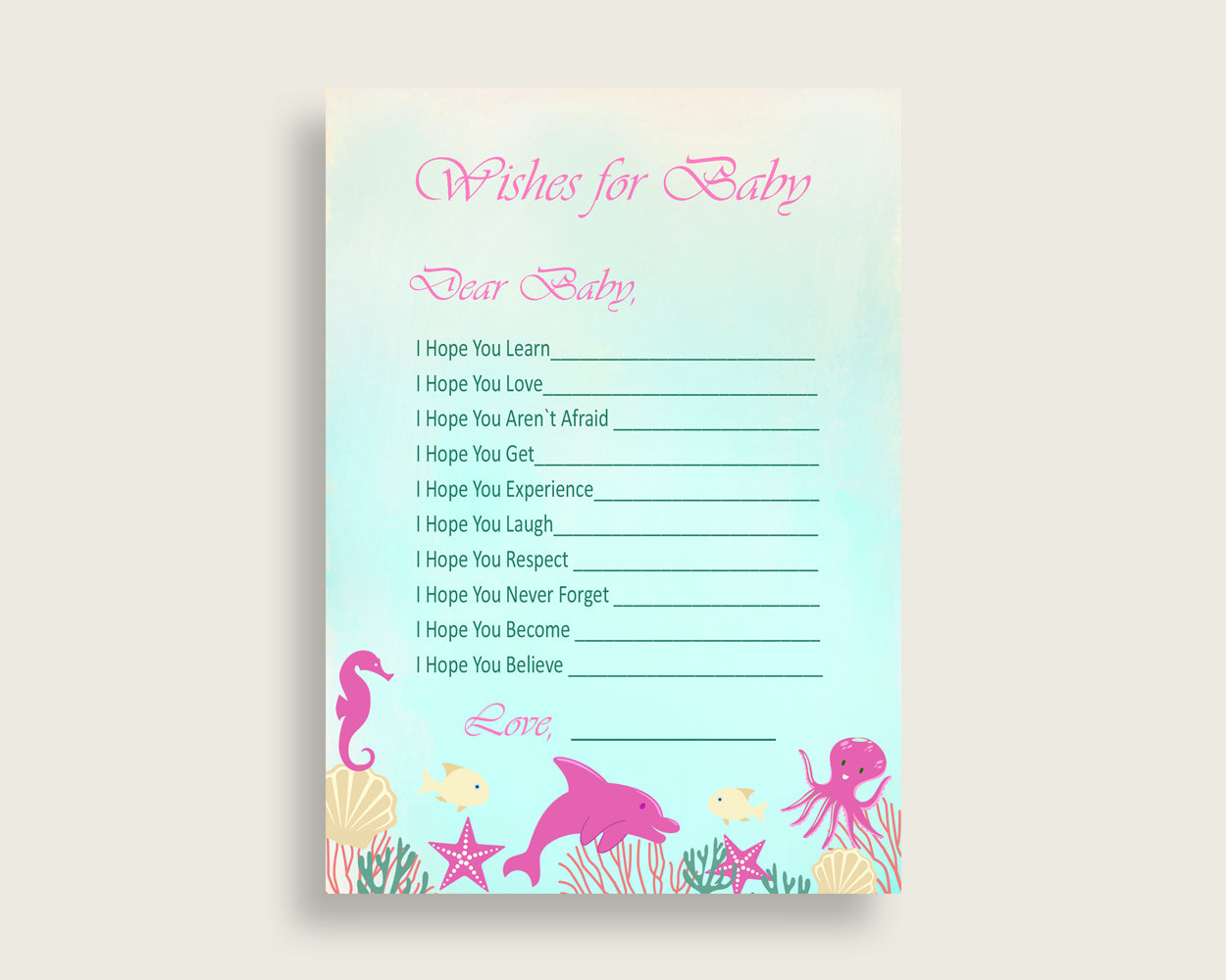 Pink Green Wishes For Baby Cards & Sign, Under The Sea Baby Shower Girl Well Wishes Game Printable, Instant Download, Popular Ocean uts01