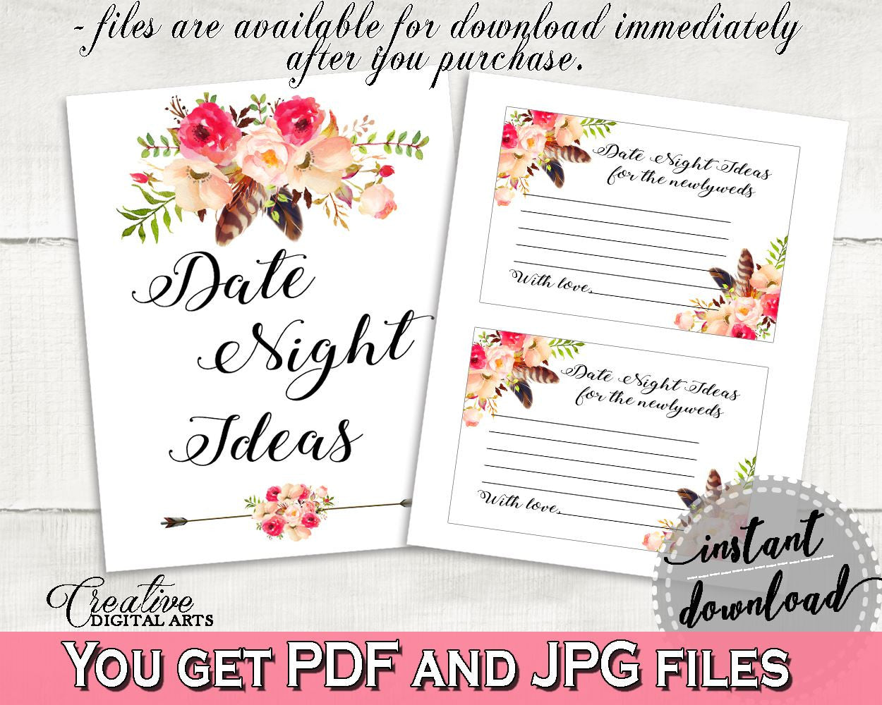 Bohemian Flowers Bridal Shower Date Night Ideas in Pink And Red, cards and sign, pink red, shower activity, party theme, party decor - 06D7T - Digital Product