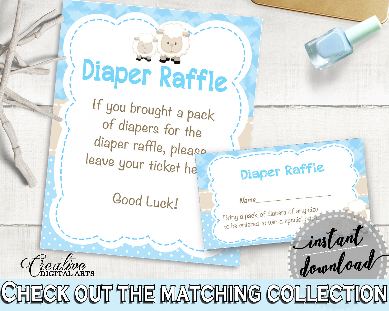 Little Lamb Baby Shower Boy DIAPER RAFFLE insert ticket printable, sheep shower theme blue, Digital File Jpg Pdf, instant download - fa001