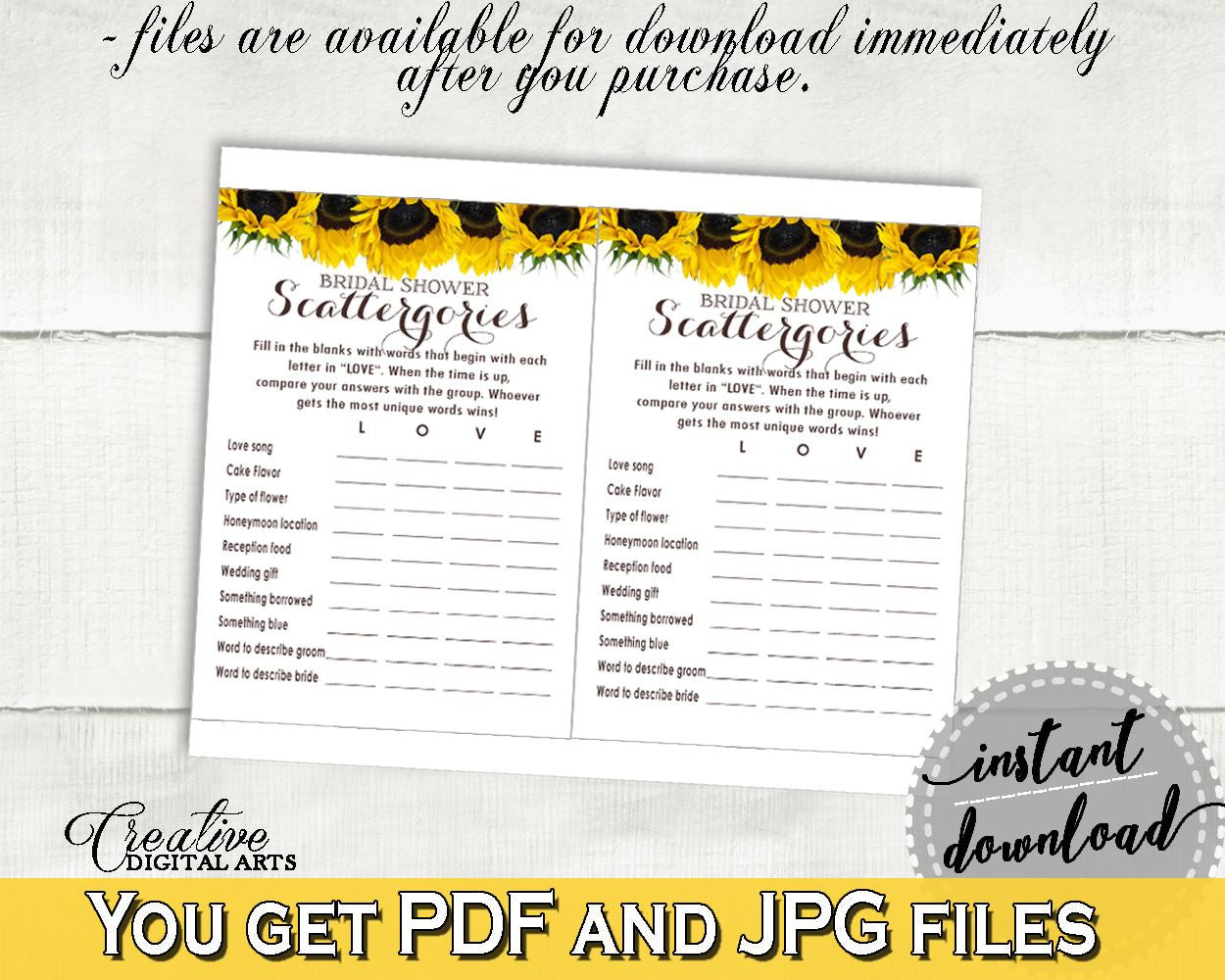 Scattergories Bridal Shower Scattergories Sunflower Bridal Shower Scattergories Bridal Shower Sunflower Scattergories Yellow White pdf SSNP1 - Digital Product