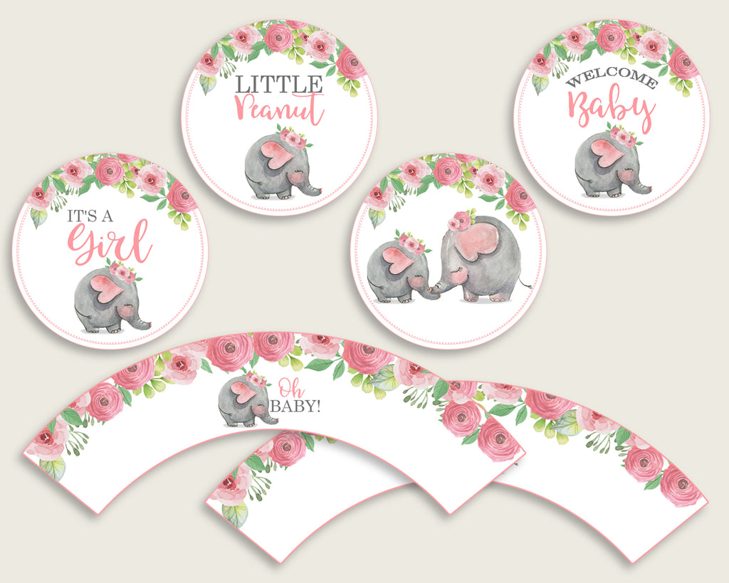 Pink Elephant Cupcake Toppers, Pink Grey Cupcake Wrappers, Toppers Wrappers Baby Shower Girl, Instant Download, Mammoth Safari Theme ep001