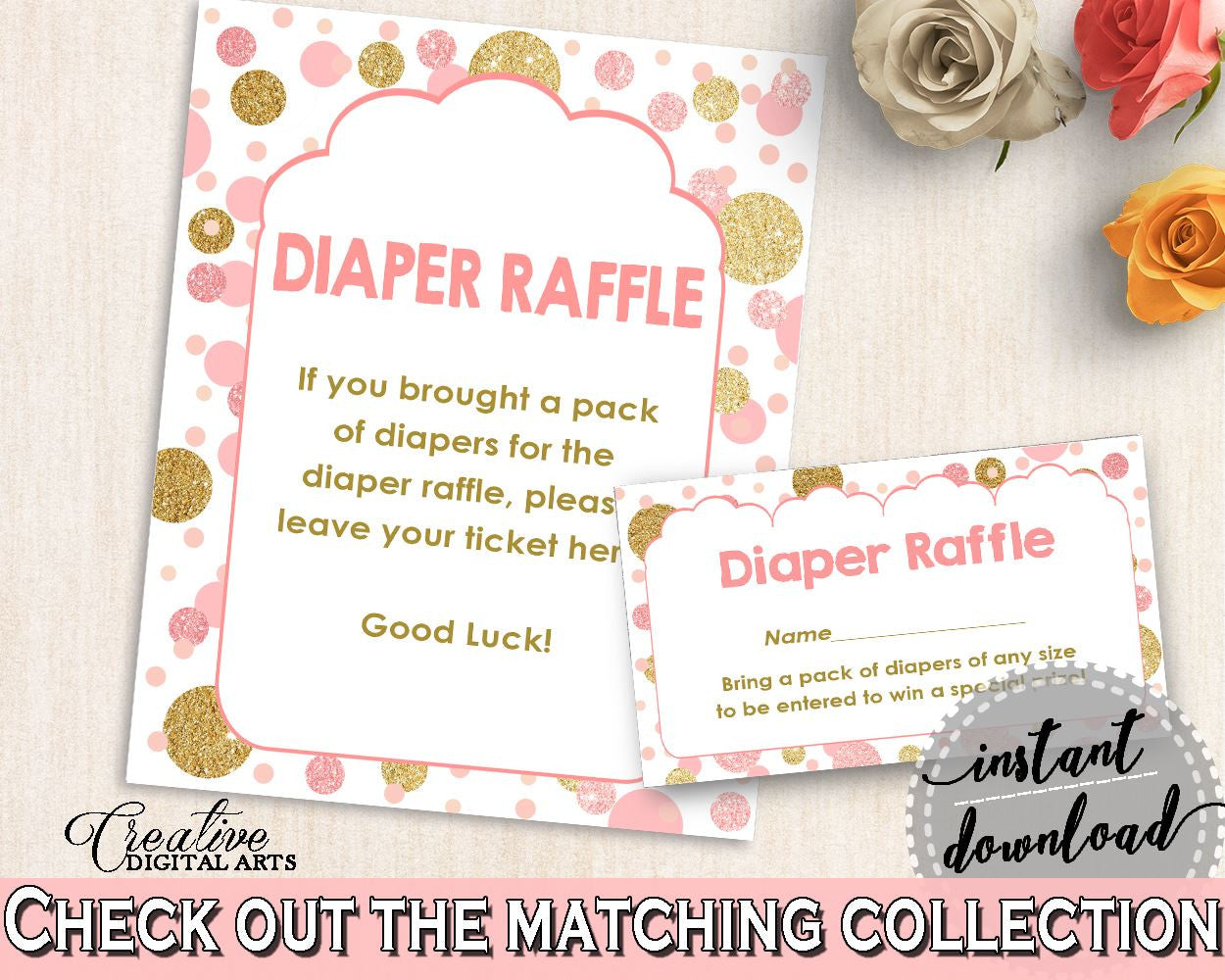 Diaper Raffle, Baby Shower Diaper Raffle, Dots Baby Shower Diaper Raffle, Baby Shower Dots Diaper Raffle Pink Gold printable files - RUK83 - Digital Product