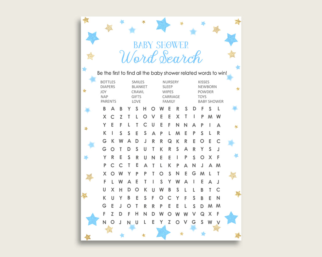 Stars Word Search Game, Blue Gold Baby Shower Word Search Cards Printable, Boy Baby Shower Activities, Hidden Words, Instant Download, bsr01