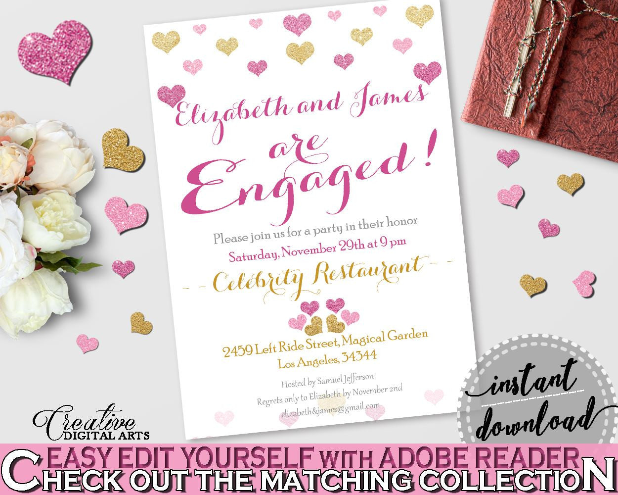 Gold And Pink Glitter Hearts Bridal Shower Theme: Engaged Invitation Editable - engagement party,  glitter hearts, printable files - WEE0X - Digital Product