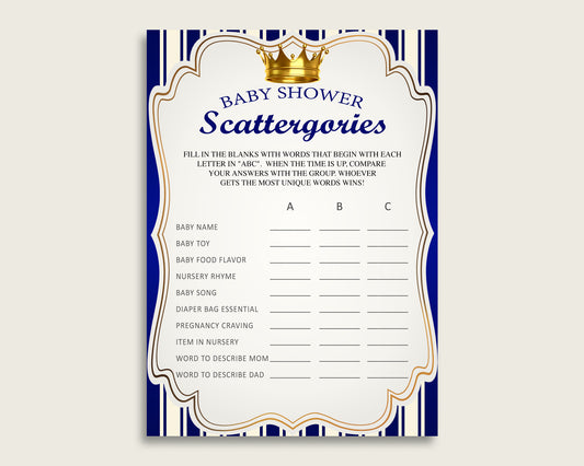 Scattergories Baby Shower Royal Prince Theme, Blue Gold Scattergories Game Printable, Boy Baby Shower Fun Activity, Prince Theme Navy rp001