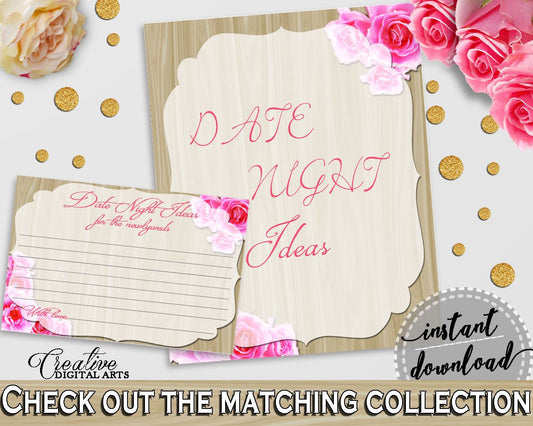 Pink And Beige Roses On Wood Bridal Shower Theme: Date Night Ideas - interactive wedding, wood roses shower, party organizing - B9MAI - Digital Product