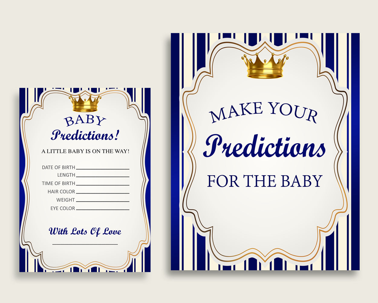 Royal Prince Baby Shower Prediction Cards & Sign Printable, Blue Gold Baby Prediction Game Boy, Instant Download, Majestic Golden Baby rp001