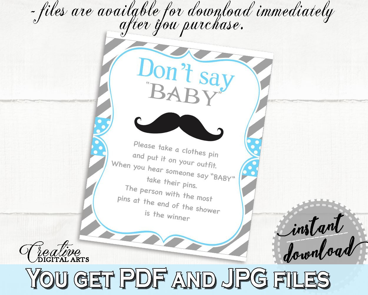 Blue Gray Dont Say Baby, Baby Shower Dont Say Baby, Mustache Baby Shower Dont Say Baby, Baby Shower Mustache Dont Say Baby prints, pdf 9P2QW - Digital Product