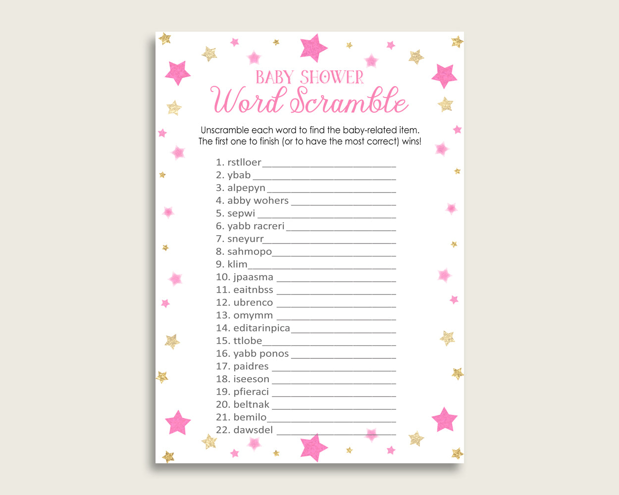 Girl Baby Shower Word Scramble Game Printable, Cute Twinkle Star Pink Gold Word Scramble, Funny Activity, Instant Download, Cute Stars bsg01