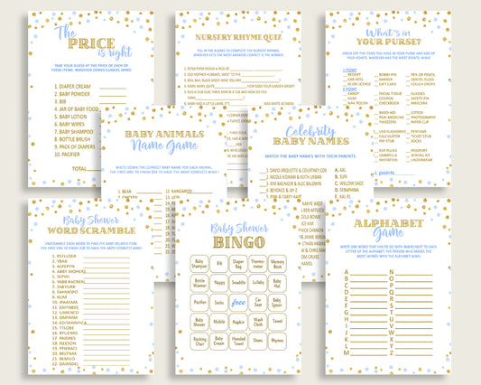 Games Baby Shower Games Confetti Baby Shower Games Blue Gold Baby Shower Confetti Games prints instant download printable pdf jpg cb001