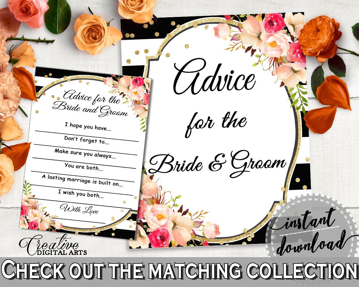 Black And Gold Flower Bouquet Black Stripes Bridal Shower Theme: Advice For The Bride And Groom - bride and groom, party ideas - QMK20 - Digital Product