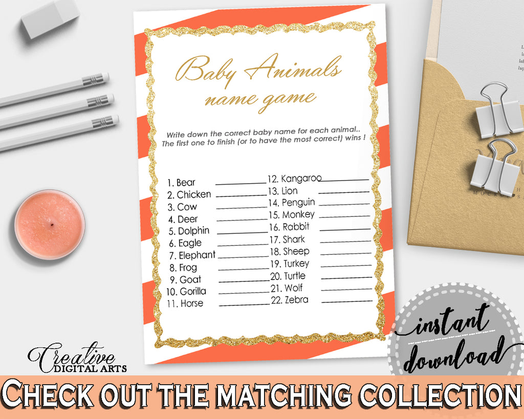 NAME The BABY ANIMALS baby shower game with orange white stripe theme printable, glitter gold, digit Jpg Pdf, instant download - bs003