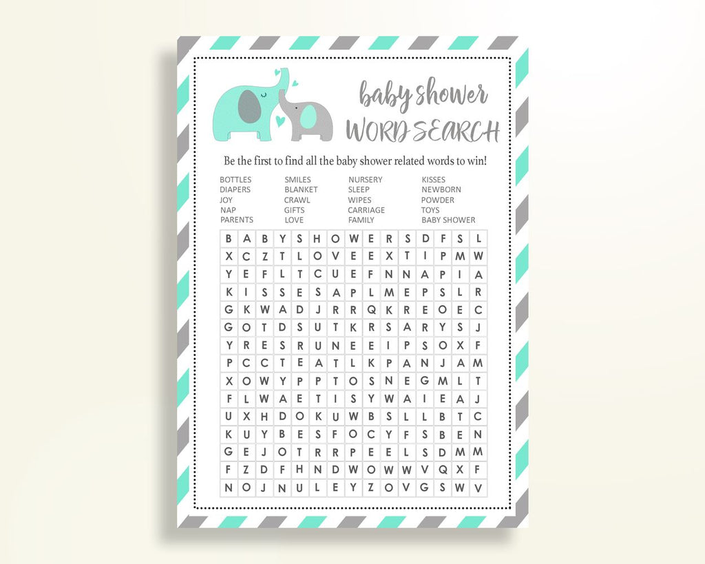 Word Search Baby Shower Word Search Turquoise Baby Shower Word Search Baby Shower Elephant Word Search Green Gray party organizing pdf 5DMNH - Digital Product