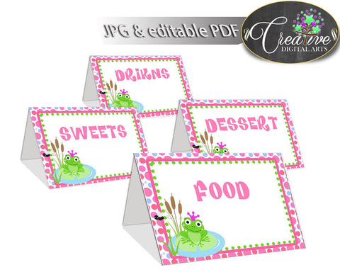 Green And Pink Baby Shower Frogger Editable Name Signs Editable Drink Tents FOOD TENTS, Party Décor, Digital Download - bsf01 - Digital Product
