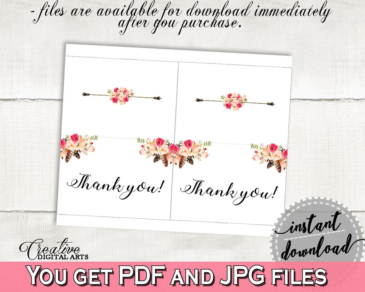 Pink And Red Bohemian Flowers Bridal Shower Theme: Thank You Card - appreciation, watercolor boho, printable files, party theme - 06D7T - Digital Product