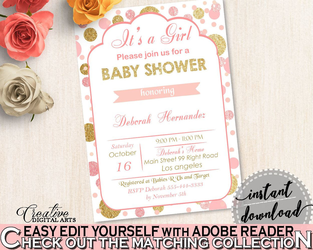 Editable Invitation, Baby Shower Editable Invitation, Dots Baby Shower Editable Invitation, Baby Shower Dots Editable Invitation Pink RUK83 - Digital Product