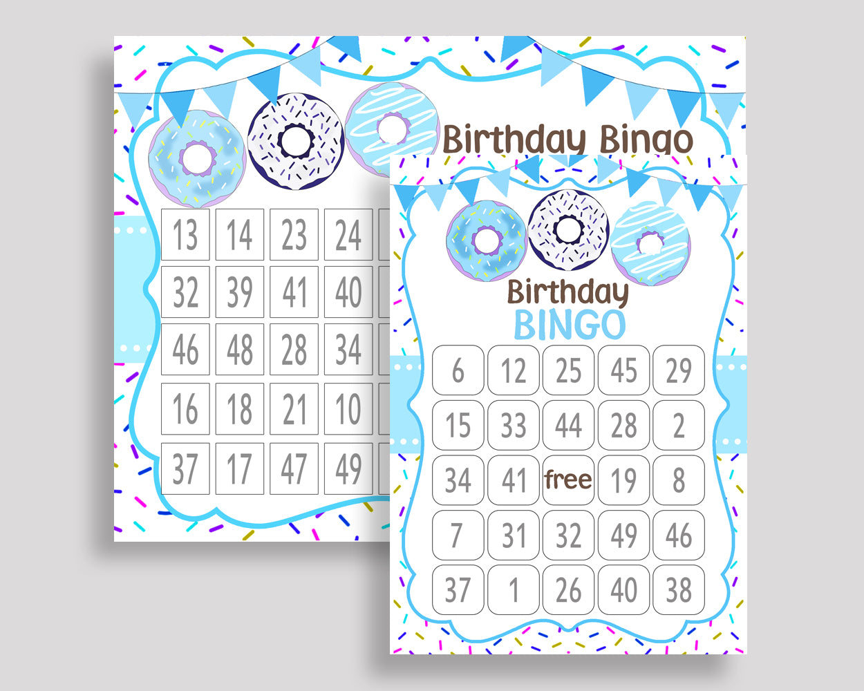 Donut Bingo Game Cards, Donut Birthday Game, Printable Blue White Bingo, Prefilled Birthday Bingo 60 Cards, Boy theme, 4X9CJ
