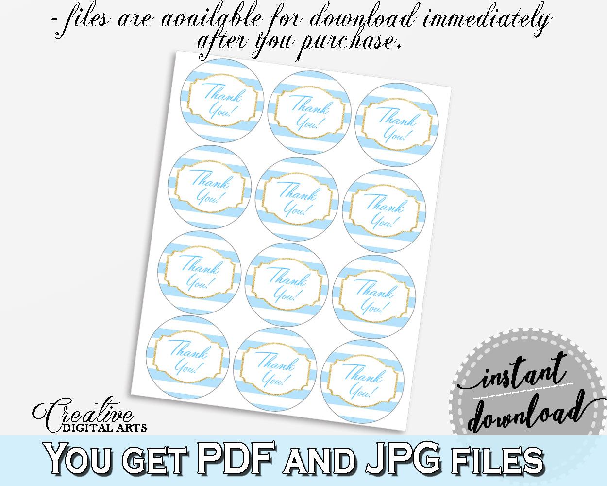 Baby shower THANK YOU round printable tag or sticker with blue white stripes for boys, digital, instant download - bs002