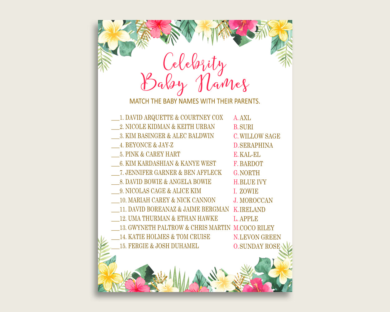 Pink Green Celebrity Baby Names, Hawaiian Baby Shower Girl Name Game Printable, Celebrity Match Game, Famous Babies Game, Celebrity 955MG