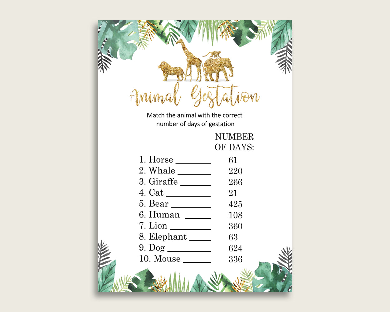 Jungle Animal Pregnancy Gestation Game, Gold Green Baby Shower Gender Neutral Printable Activities, Instant Download, Tropical Animals EJRED