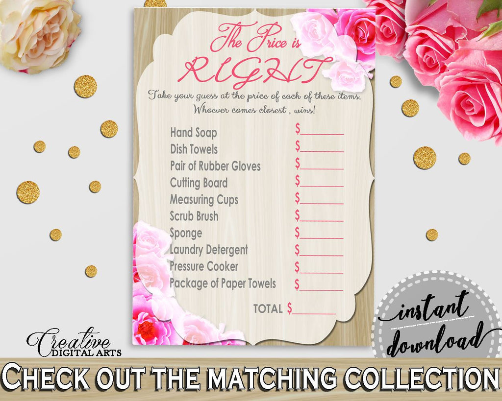 The Price Is Right Game in Roses On Wood Bridal Shower Pink And Beige Theme, guess the price, modern wood shower, printables, prints - B9MAI - Digital Product
