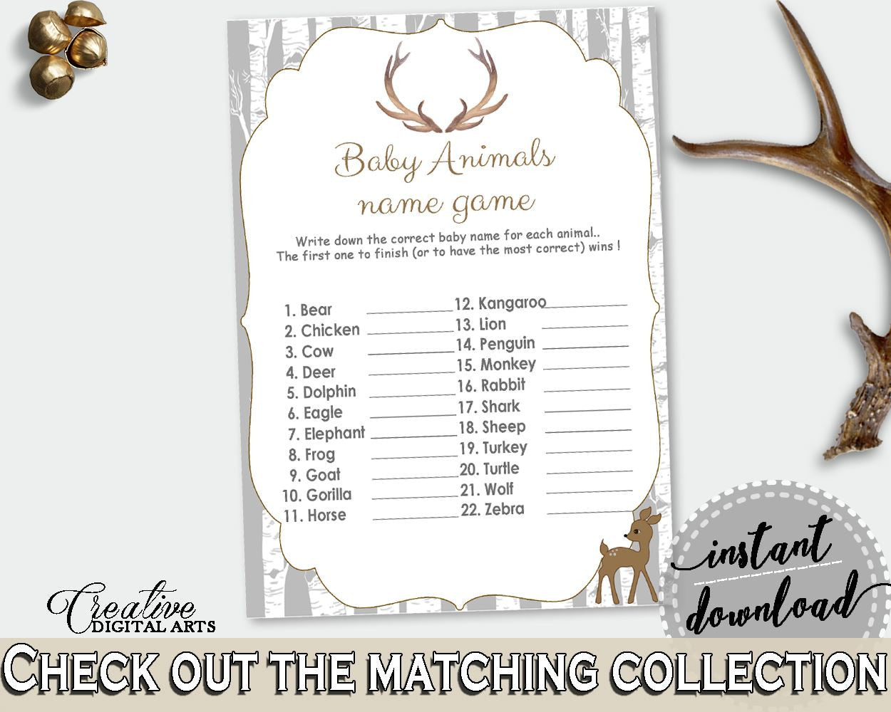 Baby Animal Names Baby Shower Baby Animal Names Deer Baby Shower Baby Animal Names Baby Shower Deer Baby Animal Names Gray Brown Z20R3 - Digital Product