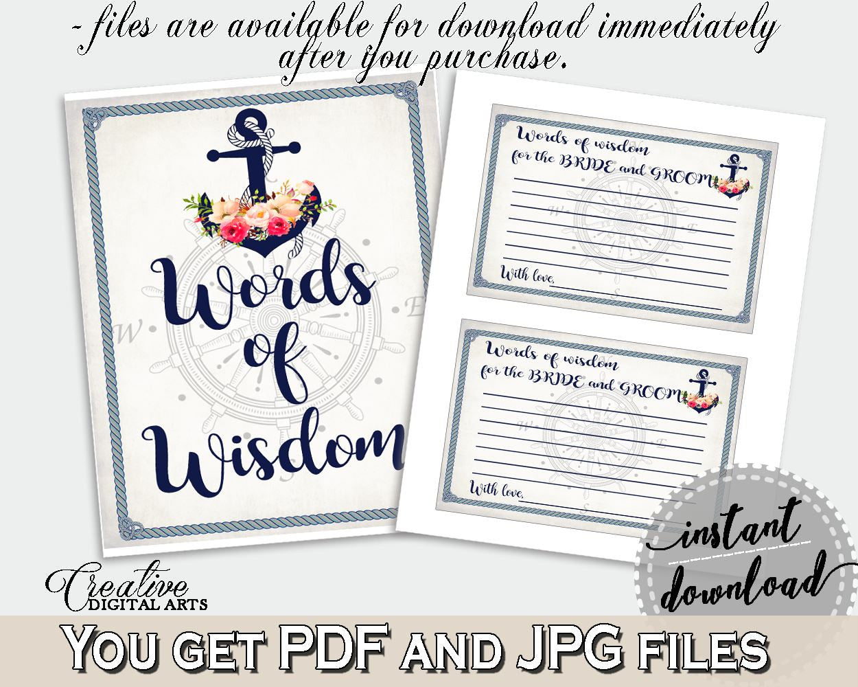 Words Of Wisdom For The Bride And Groom in Nautical Anchor Flowers Bridal Shower Navy Blue Theme, cards and sign, party planning - 87BSZ - Digital Product