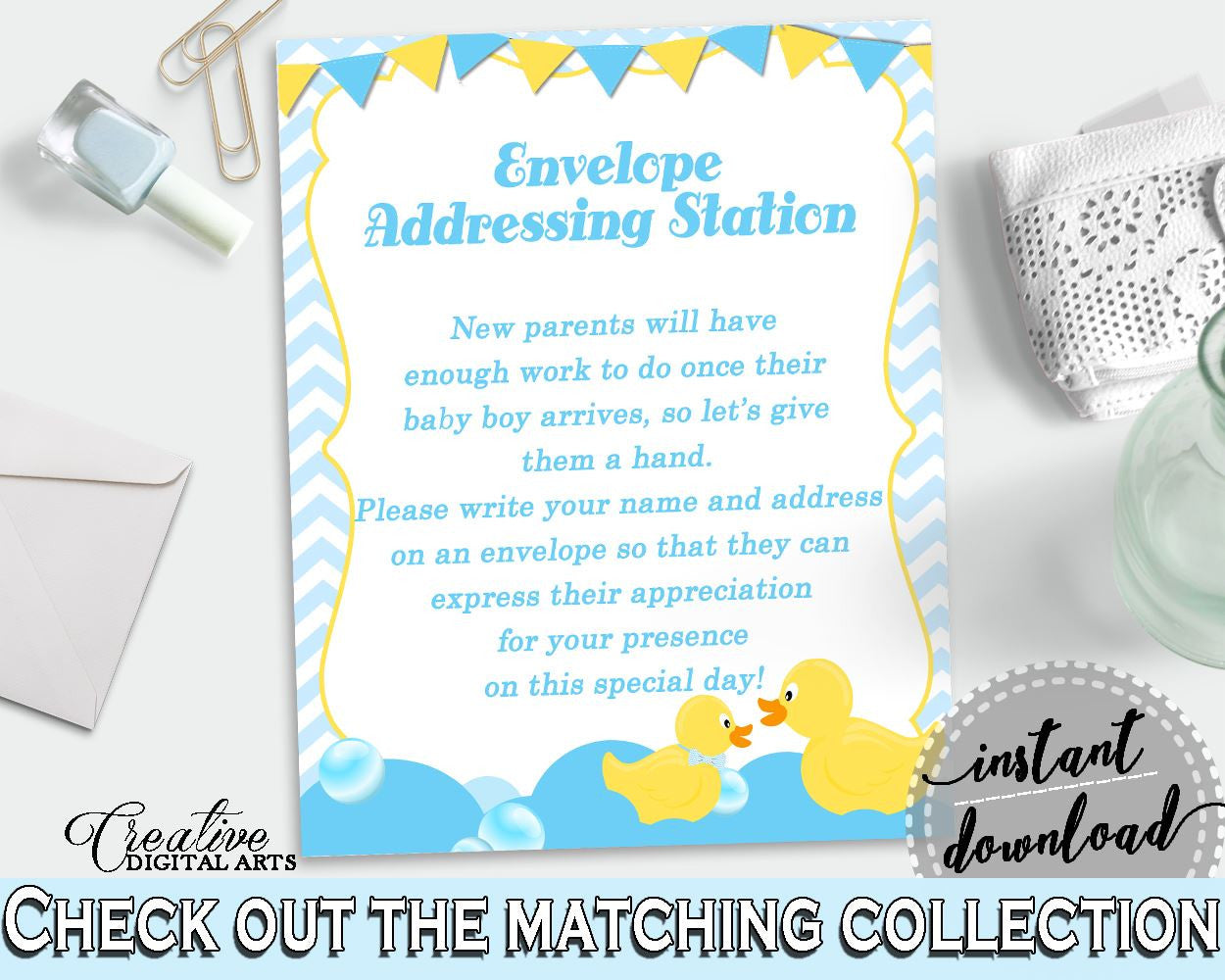 ENVELOPE ADDRESSING STATION rubber duck, baby shower boy sign mint and blue theme, digital file Jpg Pdf, instant download - rd002 - Digital Product