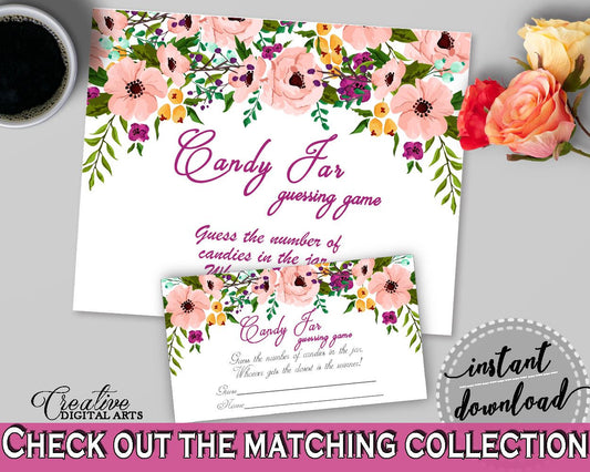 Watercolor Flowers Bridal Shower Candy Guessing Game in White And Pink, guess candy numbers, floral theme shower, party organizing - 9GOY4 - Digital Product