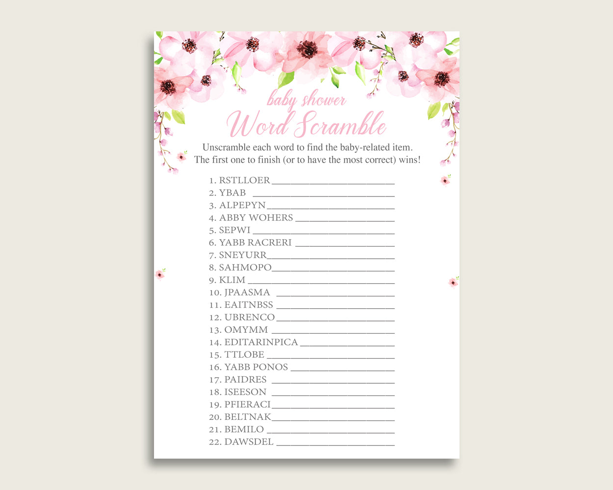 Girl Baby Shower Word Scramble Game Printable, Cute Flower Blush Pink Green Word Scramble, Funny Activity, Instant Download, VH1KL