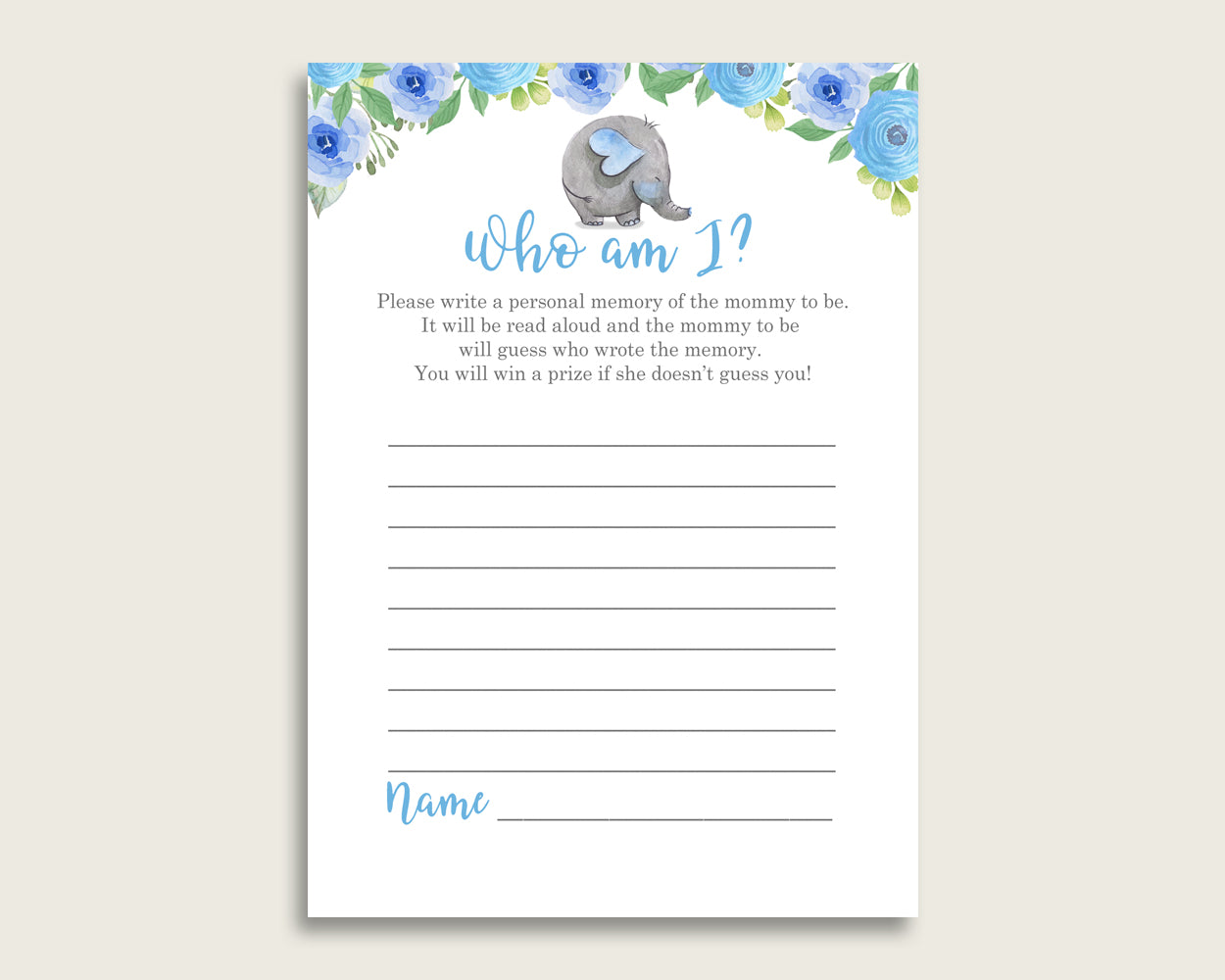 Elephant Blue Who Am I Game Printable, Boy Baby Shower Memory With Mommy, Blue Gray Baby Shower Activity, Instant Download, Mammoth ebl01