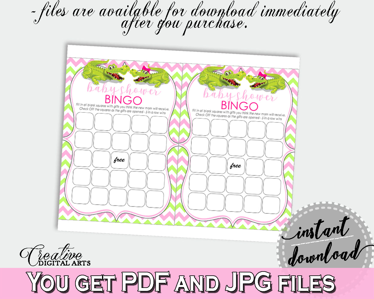 Baby Shower printable BINGO GIFT cards game with green alligator and pink color theme, Jpg Pdf, instant download - ap001