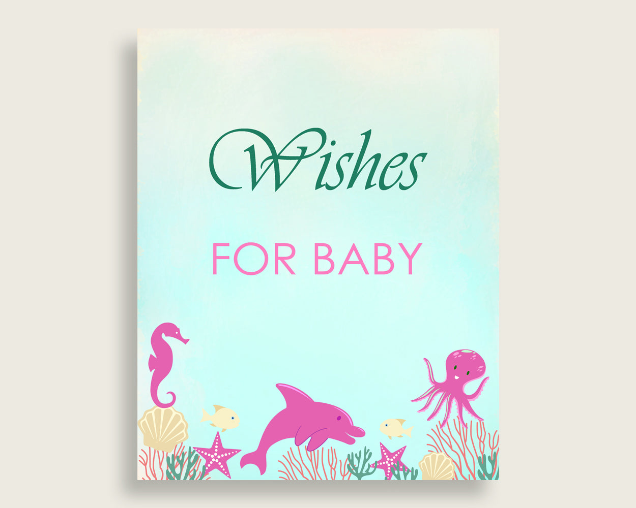 Pink Green Wishes For Baby Cards & Sign, Under The Sea Baby Shower Girl Well Wishes Game Printable, Instant Download, Popular Ocean uts01