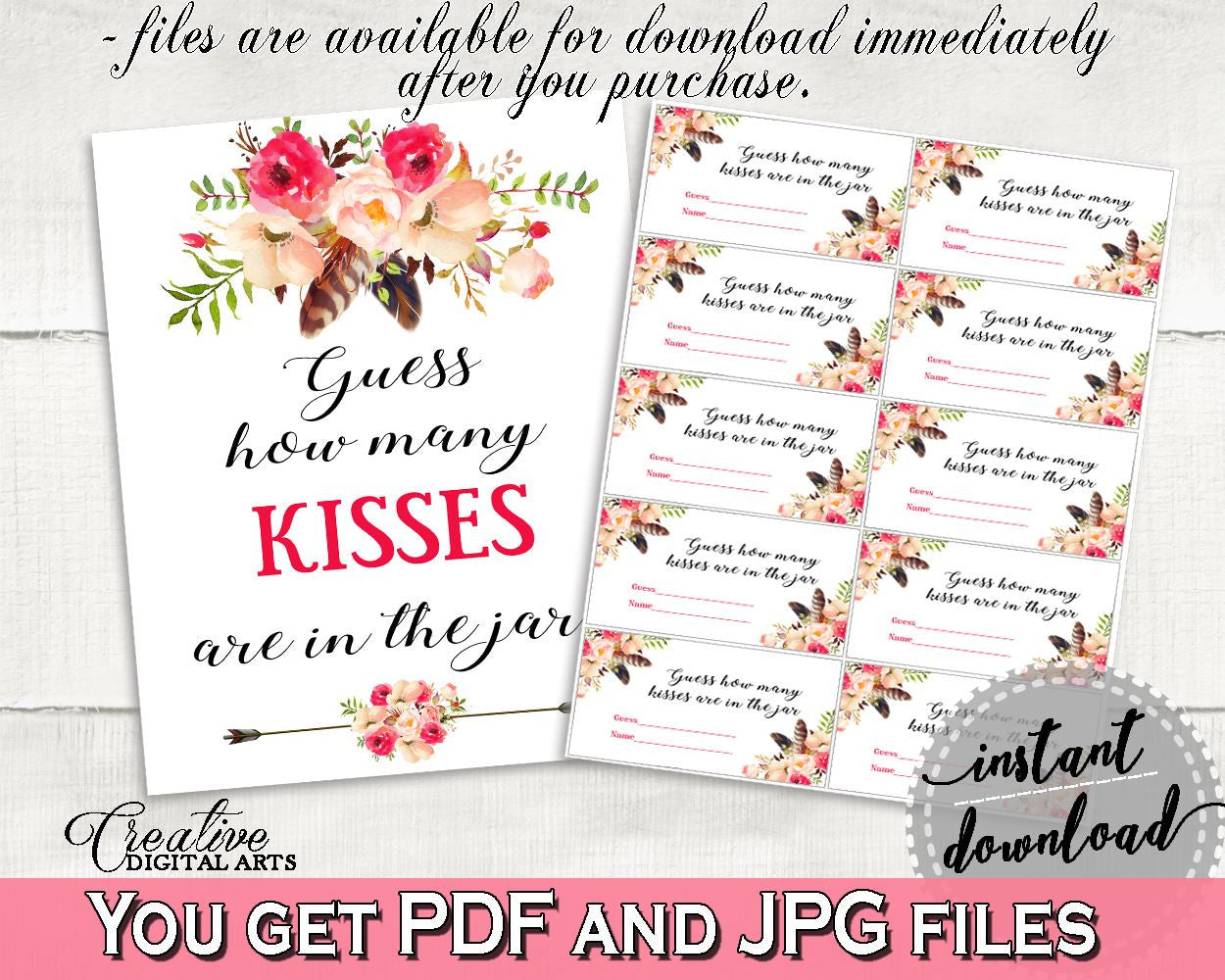 Pink And Red Bohemian Flowers Bridal Shower Theme: Guess How Many Kisses Game - presume game, beautiful bridal, party organization - 06D7T - Digital Product