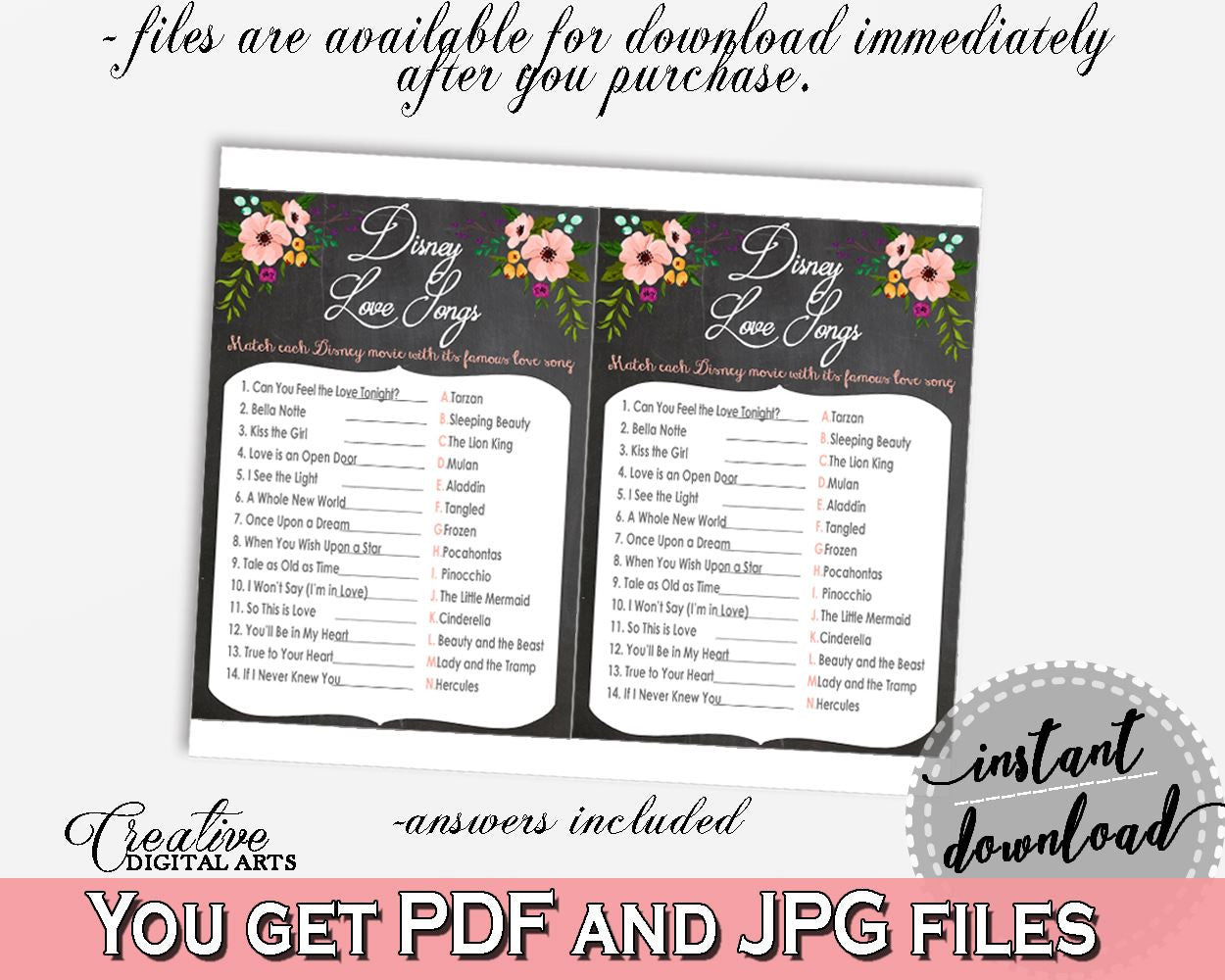 Disney Love Songs Game in Chalkboard Flowers Bridal Shower Black And Pink Theme, disney themed game, party planning, party stuff - RBZRX - Digital Product