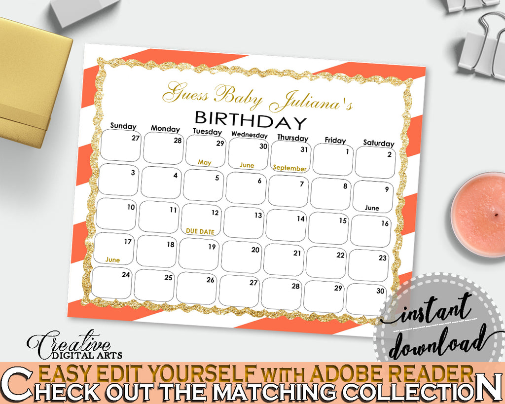 Baby Shower Calendar, Baby Shower Stripes Orange, Due date calendar, birthday prediction, guess the due date, instant download - bs003