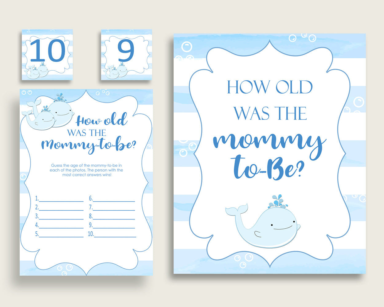 Blue White How Old Was The Mommy To Be, Boy Baby Shower Game Printable, Whale Guess Mommy's Age Game, Instant Download, Light Blue wbl01