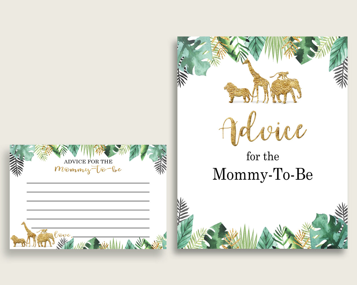 Jungle Advice For Mommy To Be Cards & Sign, Printable Baby Shower Gold Green Advice For New Parents, Instant Download, Cute Animals EJRED