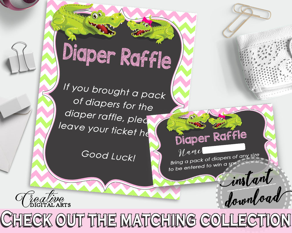Baby shower DIAPER RAFFLE insert cards printable for baby shower with green alligator and pink color theme, Jpg Pdf, instant download - ap001