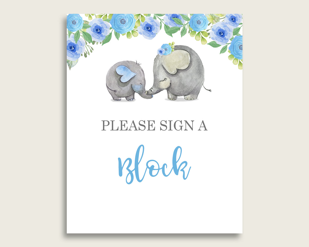 Blue Gray Please Sign A Block Sign and Decoarate A Block Sign Printables, Elephant Blue Boy Baby Shower Decor, Instant Download, ebl01