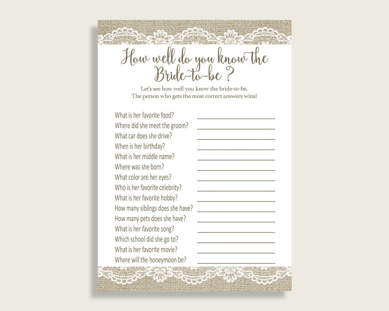 How Well Do You Know The Bride To Be Bridal Shower How Well Do You Know The Bride To Be Burlap And Lace Bridal Shower How Well Do You NR0BX