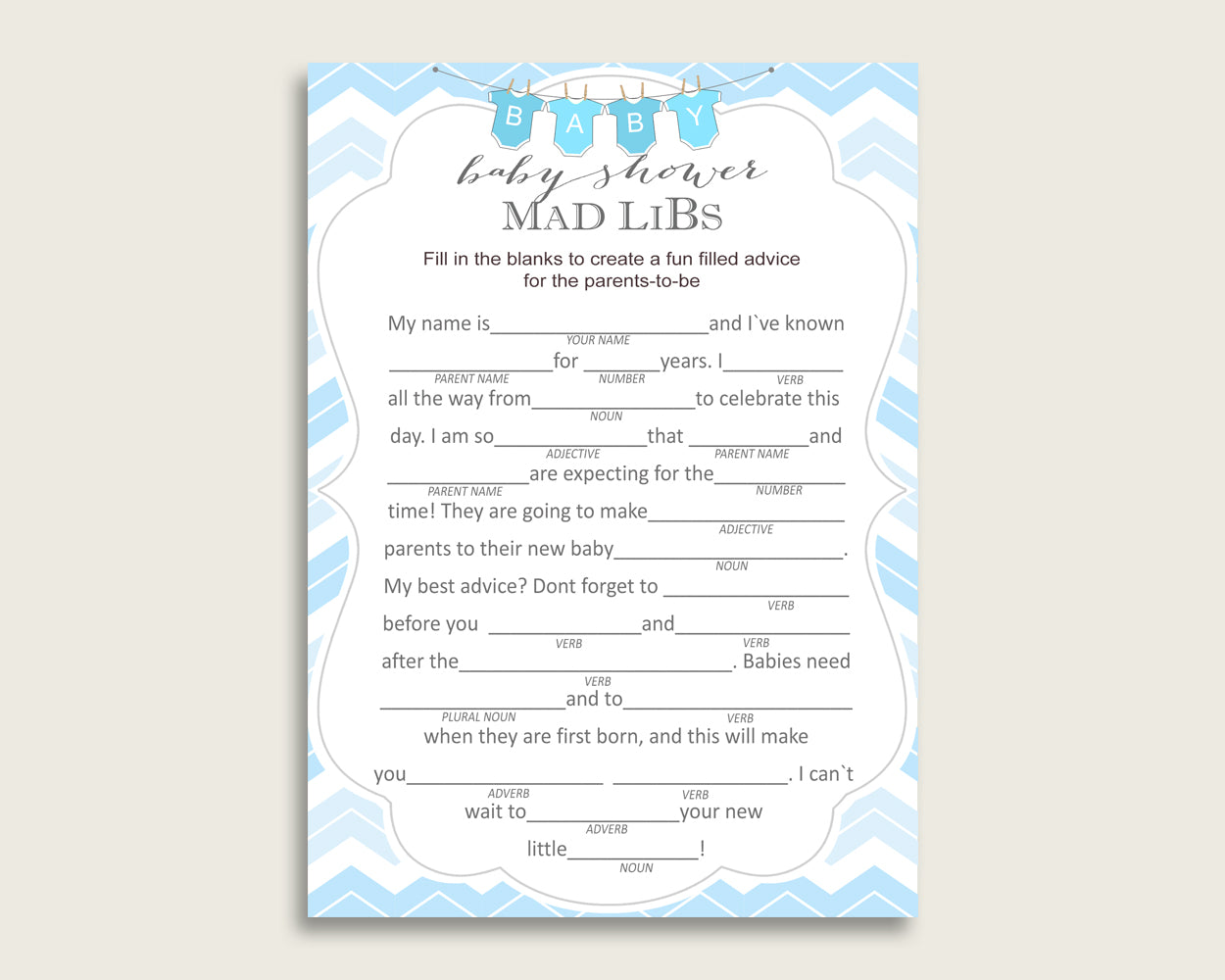 Blue White Mad Libs Baby Shower Boy Game Printable, Chevron Mad Libs Fun Activity, DIY digital file, Light Blue Zig Zag Theme cbl01