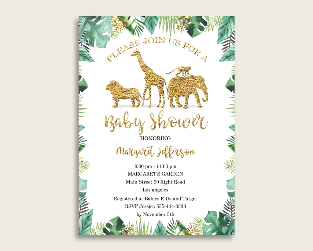 Jungle Baby Shower Invitations Printable, Digital Or Printed Invitation Baby Shower Gender Neutral, Editable Invitation Gold Green EJRED