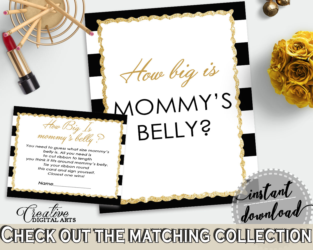 How Big Is MOMMY'S BELLY baby shower game with white black color stripes theme printable, glitter gold, Jpg Pdf, instant download - bs001