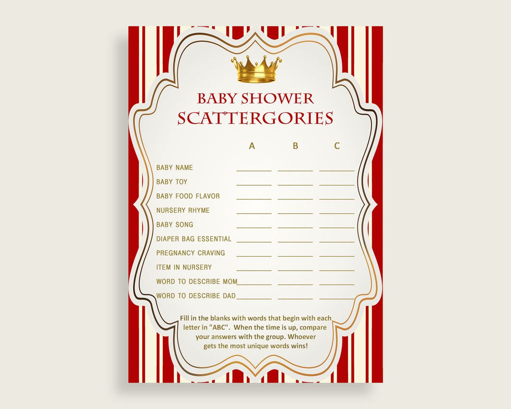 Scattergories Baby Shower Prince Theme, Red Gold Scattergories Game Printable, Boy Baby Shower Fun Activity, Crown Most Popular 92EDX